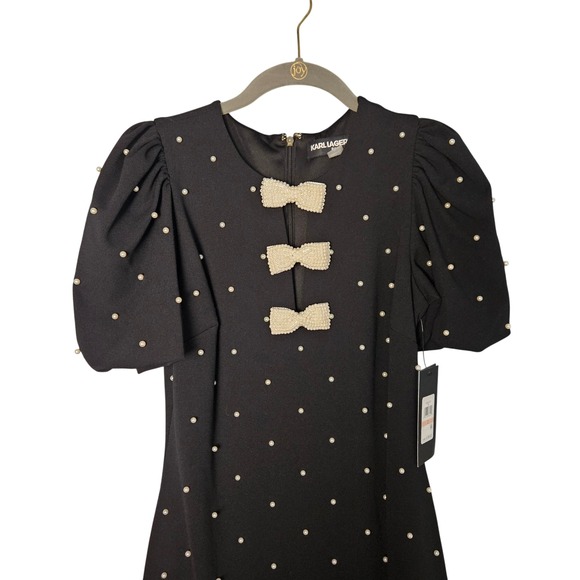 Karl Lagerfeld Scuba Crepe Sheath  Dress Pearls NWT Black Size 2 Old Money - Picture 3 of 8